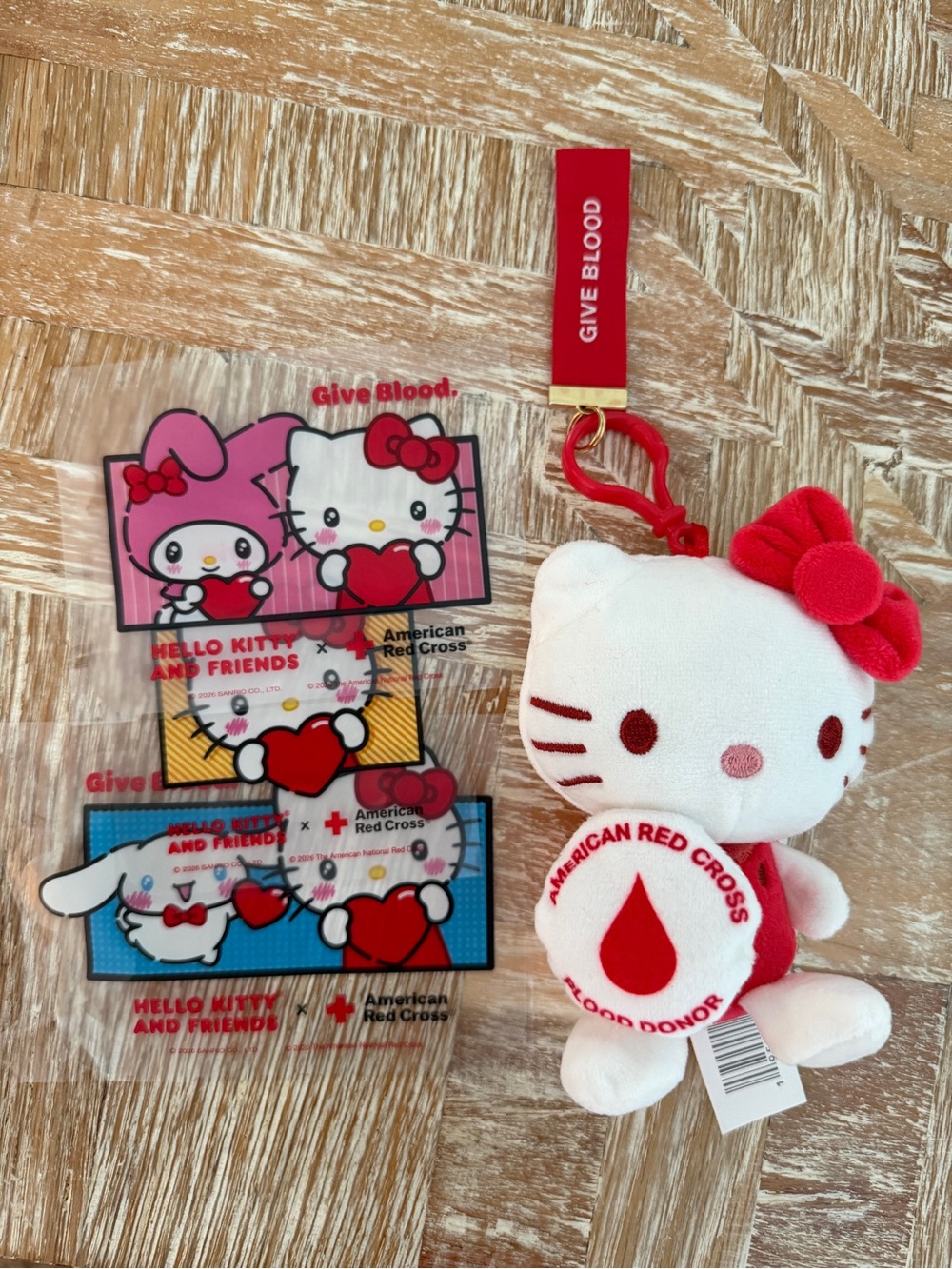 Hello Kitty American Red Cross Plush Keychain with stickers